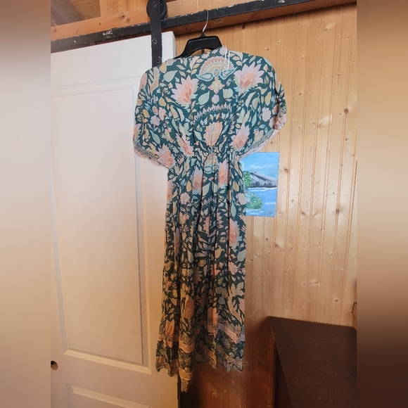 Mira Tropical Batik Green And Coral Floral Kaftan Dress - Picture 2 of 2